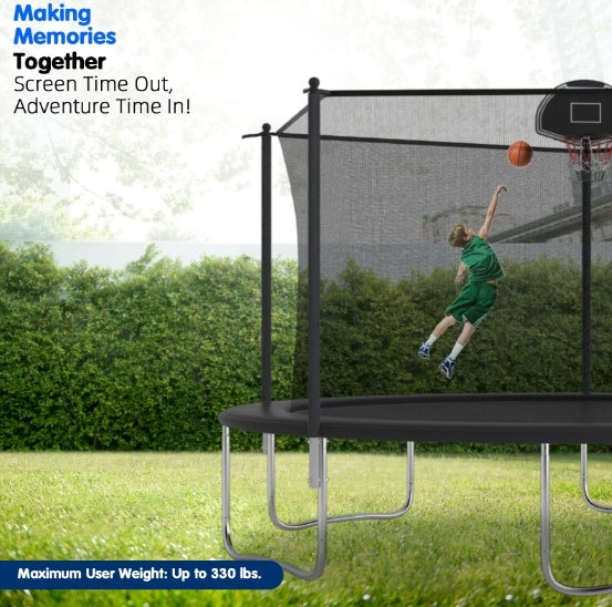 14-ft Trampoline with Safety Enclosure Net & Basketball Hoop – Outdoor Jumping Set