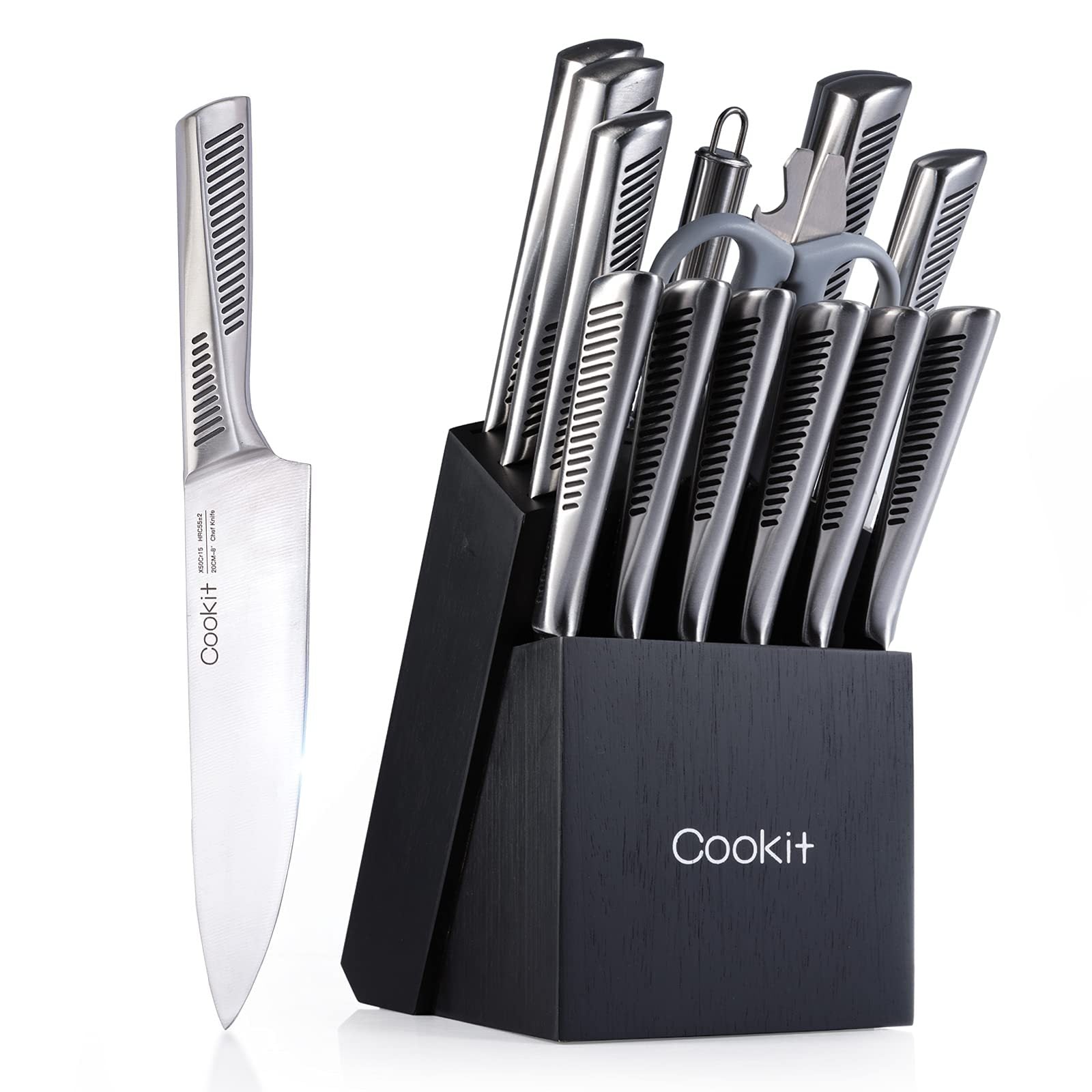 15-Piece Kitchen Knife Set with Block – German High-Carbon Stainless Steel, Hollow Ergonomic Handles, Includes Scissors & Sharpener, Oak Block