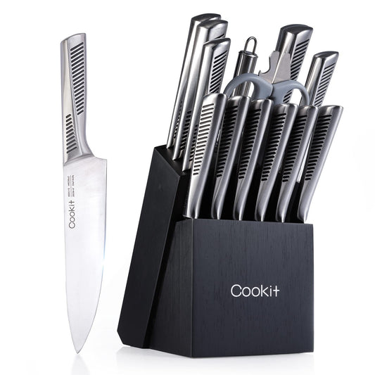 15-Piece Kitchen Knife Set with Block – German High-Carbon Stainless Steel, Hollow Ergonomic Handles, Includes Scissors & Sharpener, Oak Block