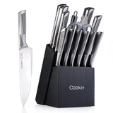 15-Piece Kitchen Knife Set with Block – German High-Carbon Stainless Steel, Hollow Ergonomic Handles, Includes Scissors & Sharpener, Oak Block
