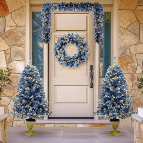Pre-Lit Christmas 4-Piece Artificial Tree Set – Entrance Trees, Garland & Wreath with LED Lights