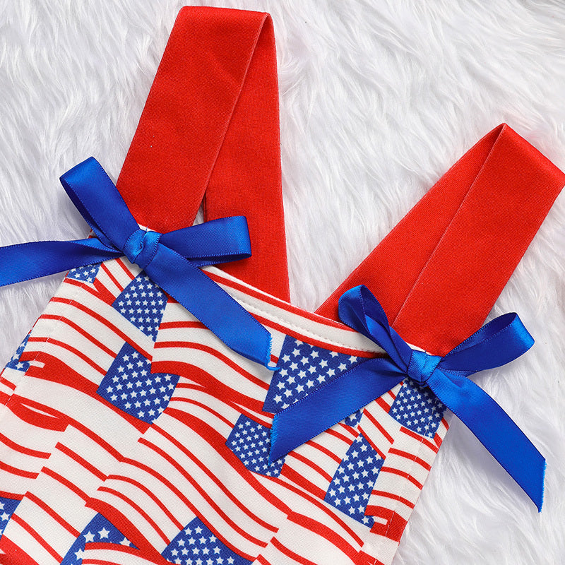Baby’s Independence Day Flag Romper 🇺🇸 Sleeveless Triangle Bodysuit w/ Bowknot 🎀
