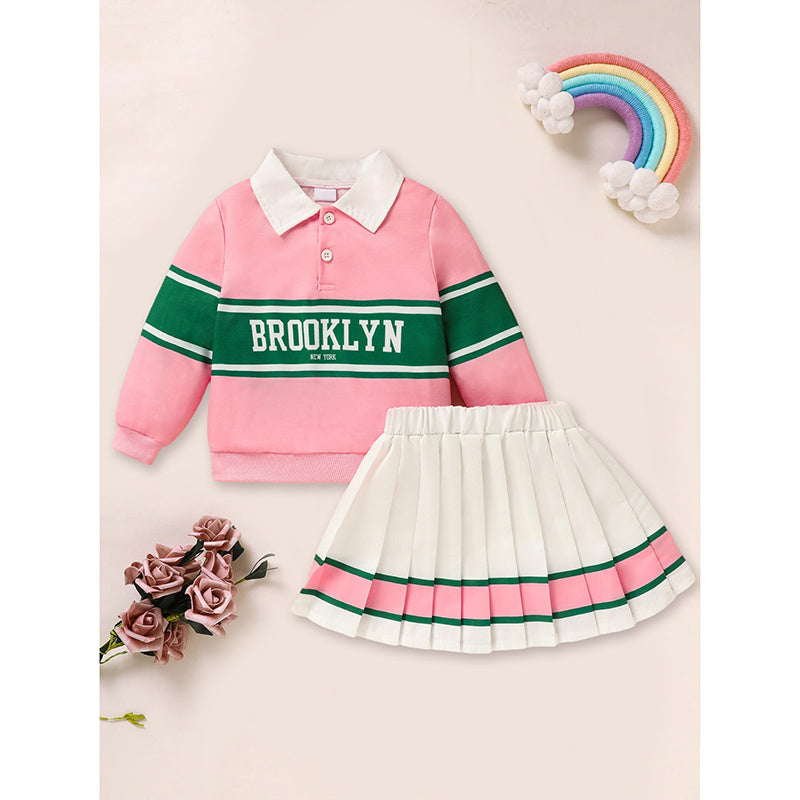 Toddler Girls 2-Piece Outfit – Colorblock Letter Graphic Sweatshirt & Pleated Skirt Set