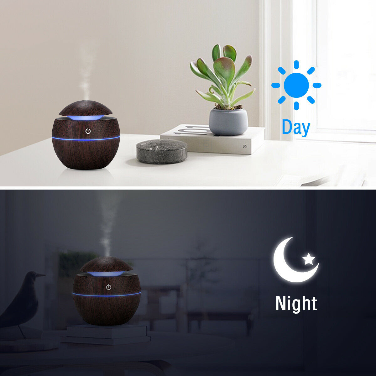 USB Aroma Humidifier Essential Oil Diffuser – Ultrasonic Cool Mist with 7-Color Changing LED Light, Wood Finish, 130ml