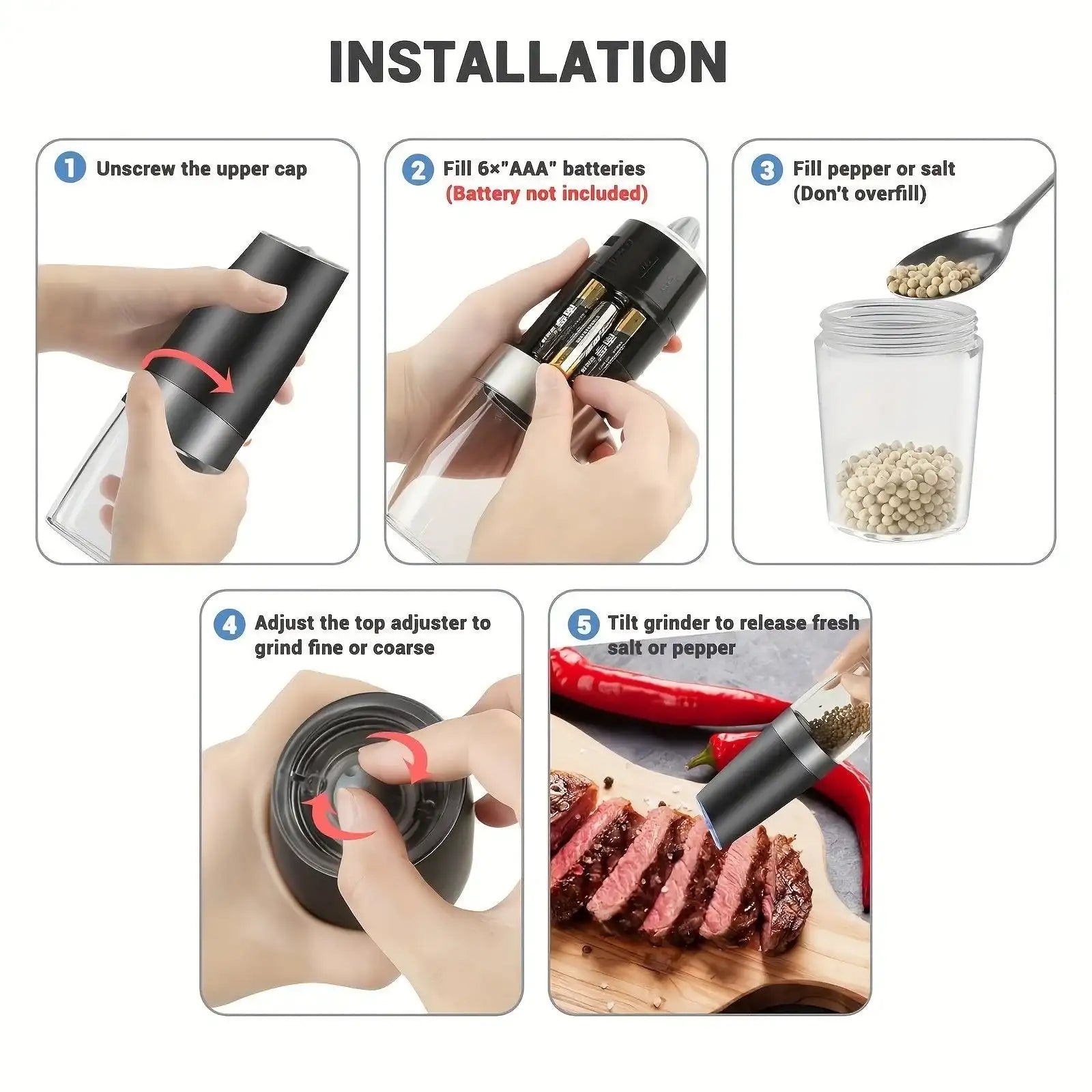 [Gravity Electric Grinder] Automatic Gravity Electric Salt and Pepper Grinder Set - Battery Powered LED Light One Hand Operation - Adjustable Coarseness Mill Grinders Shakers Black, Kitchen Gadgets Gift Ideas - PulinGO