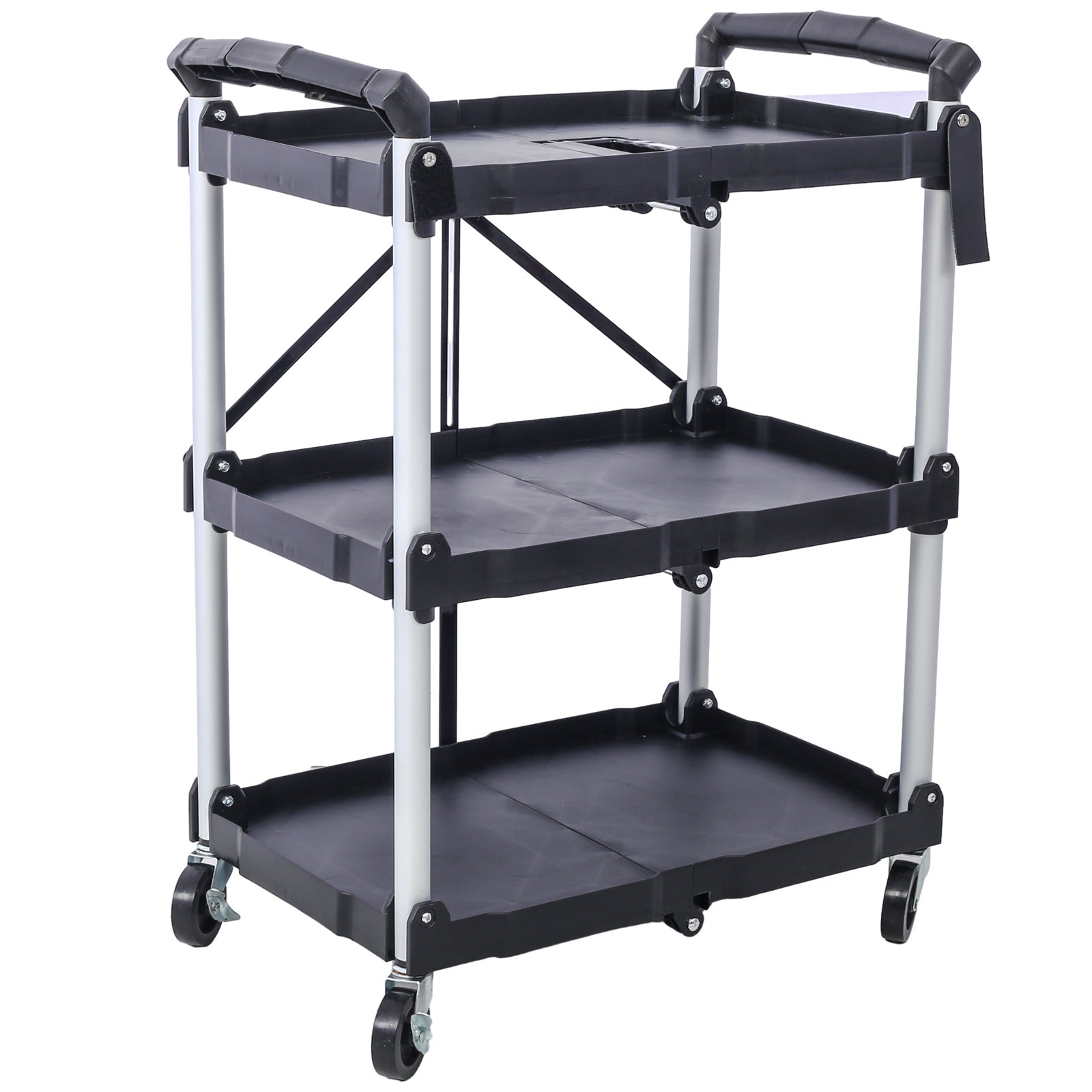 Folding Service Cart – Iron Frame & Plastic Shelves, Collapsible Utility Cart with Wheels
