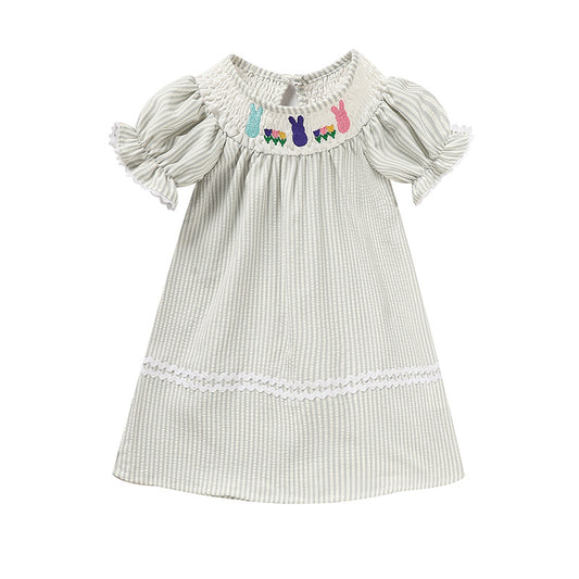 Infant Baby Girls Easter Bunny Smocked Dress – Embroidered Short Sleeve Summer Outfit