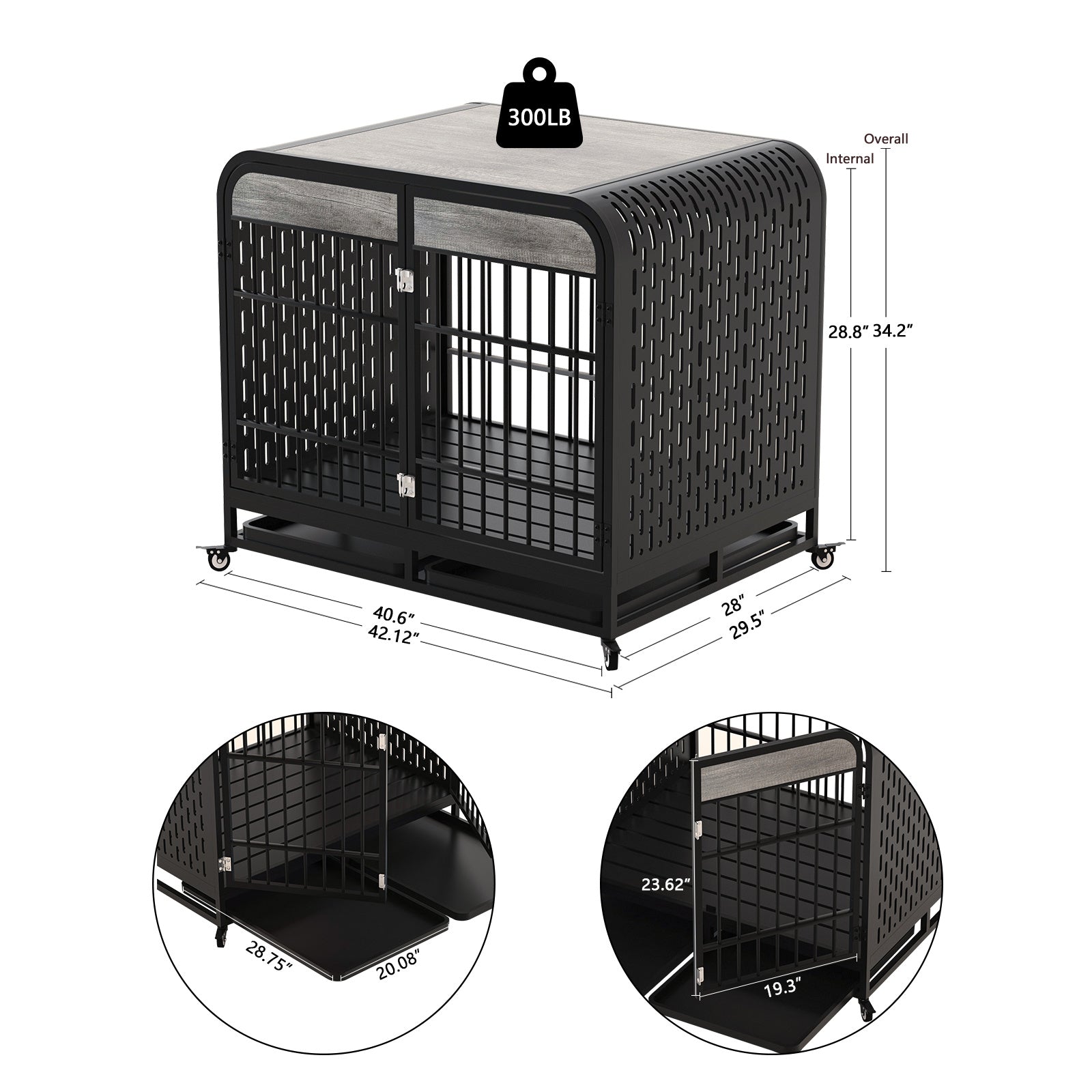 42" Heavy-Duty Dog Crate Furniture – Grey Wood-Top Kennel with Metal Frame