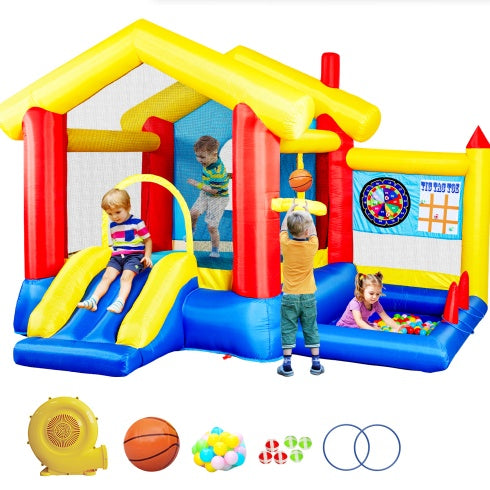 8‑in‑1 Inflatable Bounce House – Kids Play Center with Blower, Basketball Hoop, Ocean Balls, Ring Toss & Sticky Ball Game