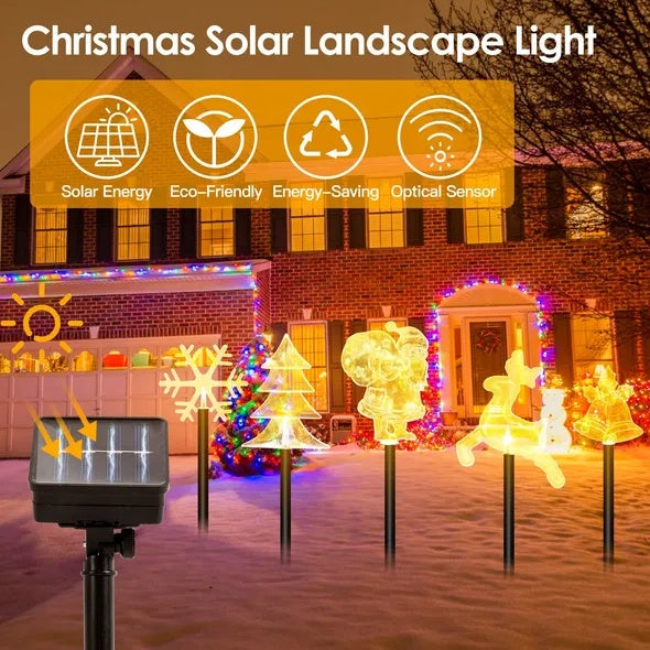 5-Piece Mixed Christmas Solar Stake Lights – Reindeer, Snowflake, Bell, Christmas Tree & Santa Claus, Warm Yellow LEDs, IP44 Waterproof