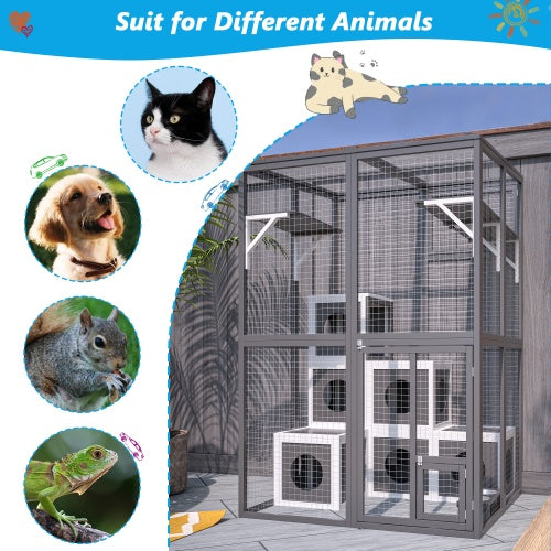 Outdoor Wooden Cat Catio – Spacious Walk-In Kennel with Platforms, Napping Houses & Solid Wood Construction (Grey)