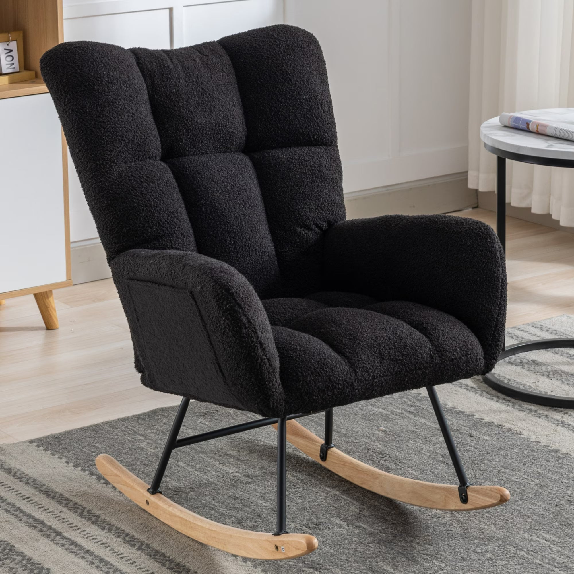 Comfy Teddy Fabric Rocking Chair - Ergonomic Wingback Glider with Solid Wood Base and Side Pocket | Nursery & Living Room