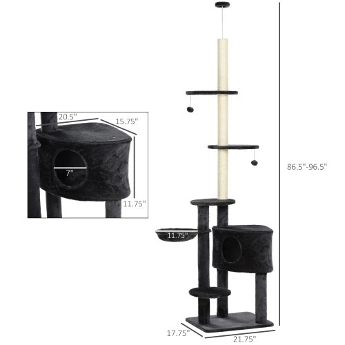 PawHut Adjustable Height Floor-to-Ceiling Vertical Cat Tree – Dark Grey