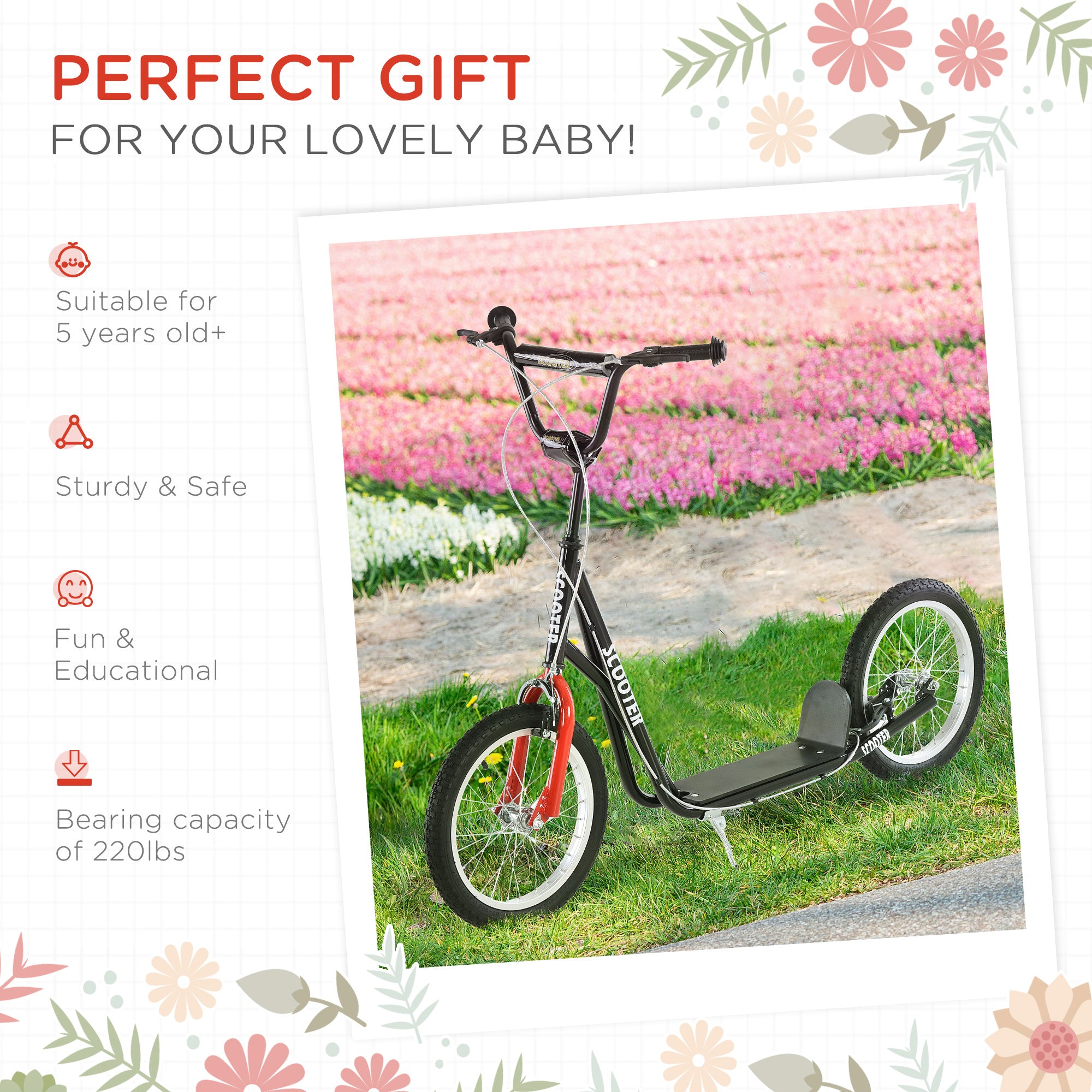 Kids Kick Scooter with Dual Brakes - Adjustable Handlebar Scooter with 12" Inflatable Wheels for Ages 5-10