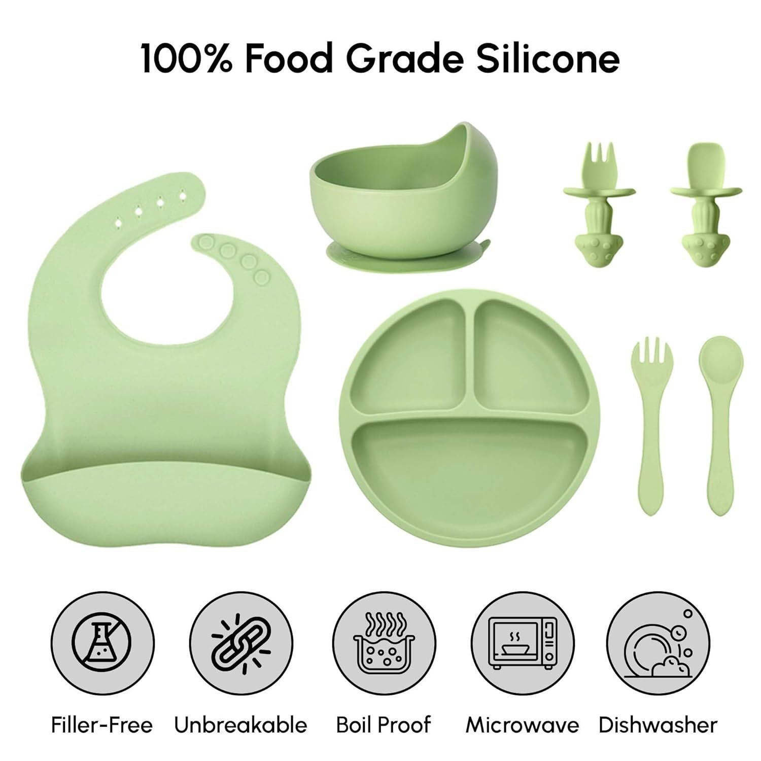 Silicone Baby Feeding Set with Suction – 10 PCS Baby Weaning Supplies (Green)
