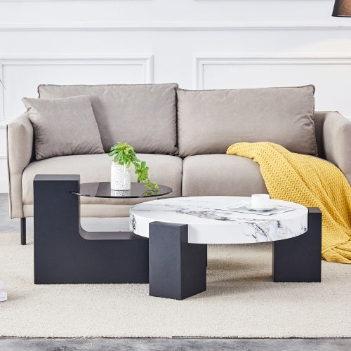 Modern Double-Layer Round Coffee Table ☕ Transparent Gray Glass Top with Black MDF Legs – Space-Saving Design