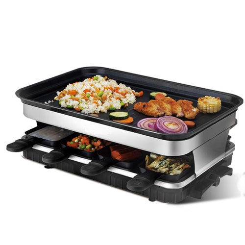 8-Person Non-Stick Raclette Grill – 1500 W Adjustable Tabletop Grill with Mini Pans and Stepped Griddle Top