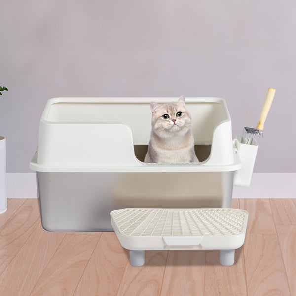 Stainless Steel Cat Litter Box with Plastic Buckle, Shovel & Foot Pad – White