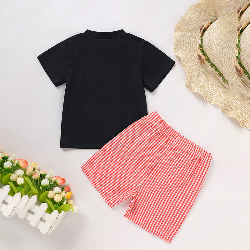 Toddler Baby Boy Back to School Outfit – Summer Appliqué T-Shirt & Red Gingham Shorts 2PCS Set