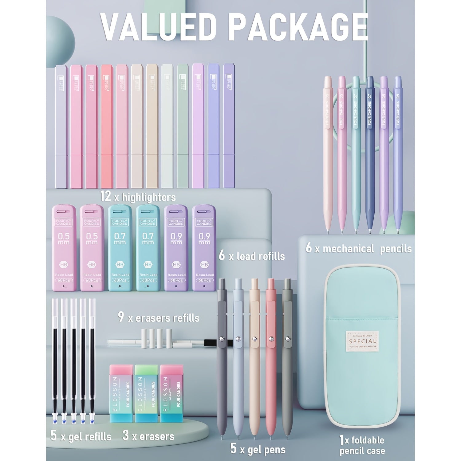 39-Piece Aesthetic School Supplies Set – Pastel Highlighters, Gel Pens, Mechanical Pencils & Cute Pen Case