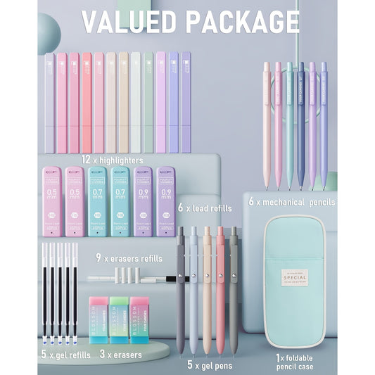 39-Piece Aesthetic School Supplies Set – Pastel Highlighters, Gel Pens, Mechanical Pencils & Cute Pen Case