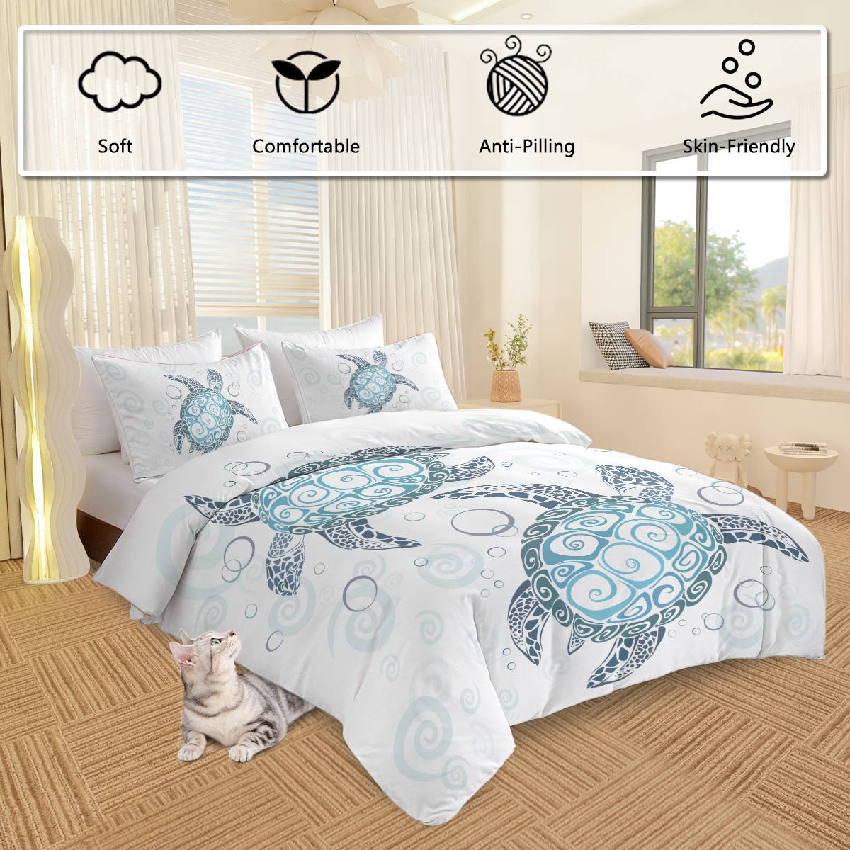 Ocean Turtle 3‑Piece Comforter Set – Turtle‑Themed Bedding with 2 Pillowcases (Queen Size)