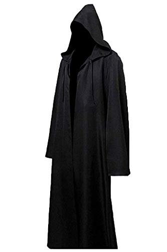 Men’s Hooded Tunic Robe – Black Medieval Cloak Halloween Cosplay Costume with Cape