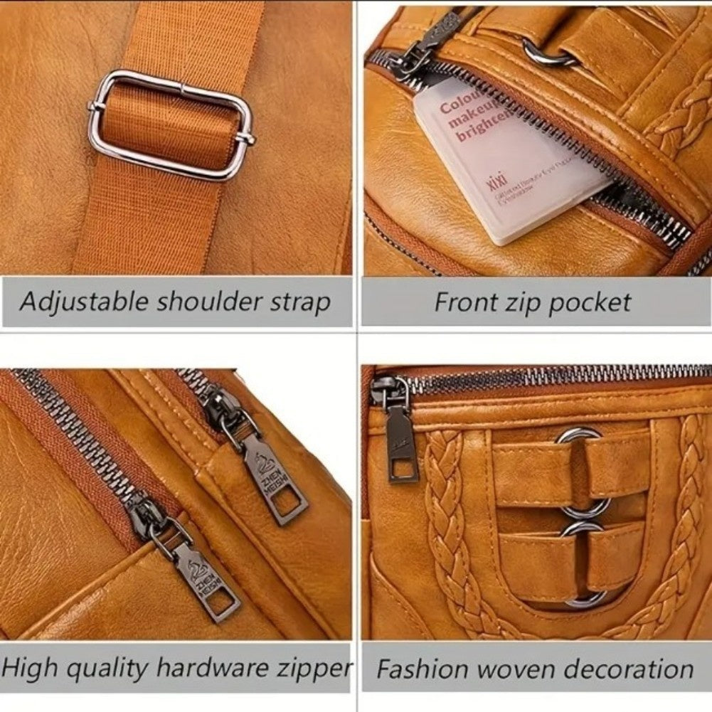 Women’s Sling Bag 🎒 Multi-Pocket Crossbody Purse – Vegan Retro Leather Braided Backpack for Travel