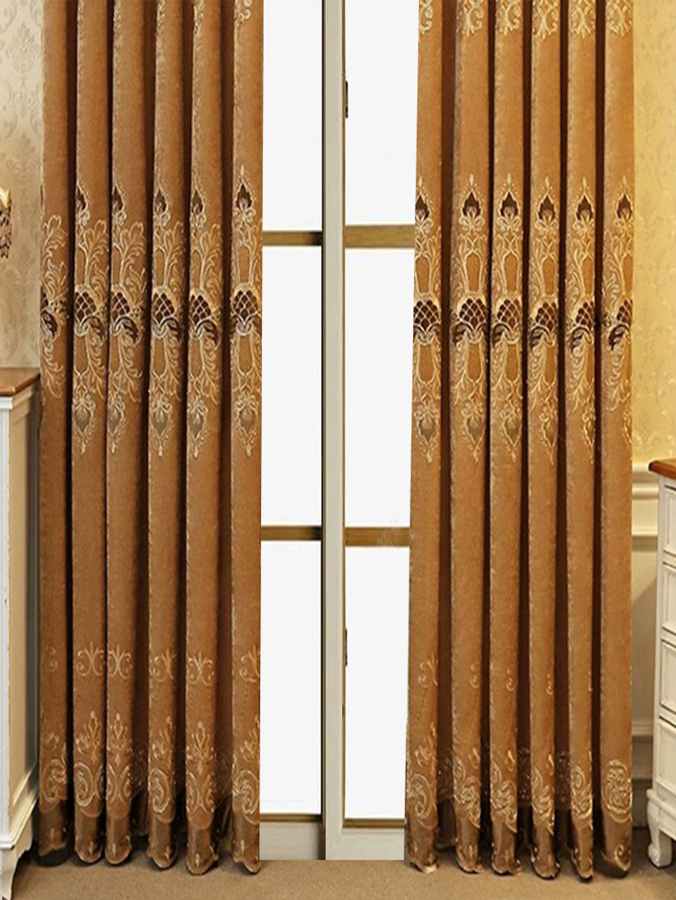 2-Piece Elegant European Blackout Curtains – Beige Velvet with Embroidery, UV Protection, Machine Washable