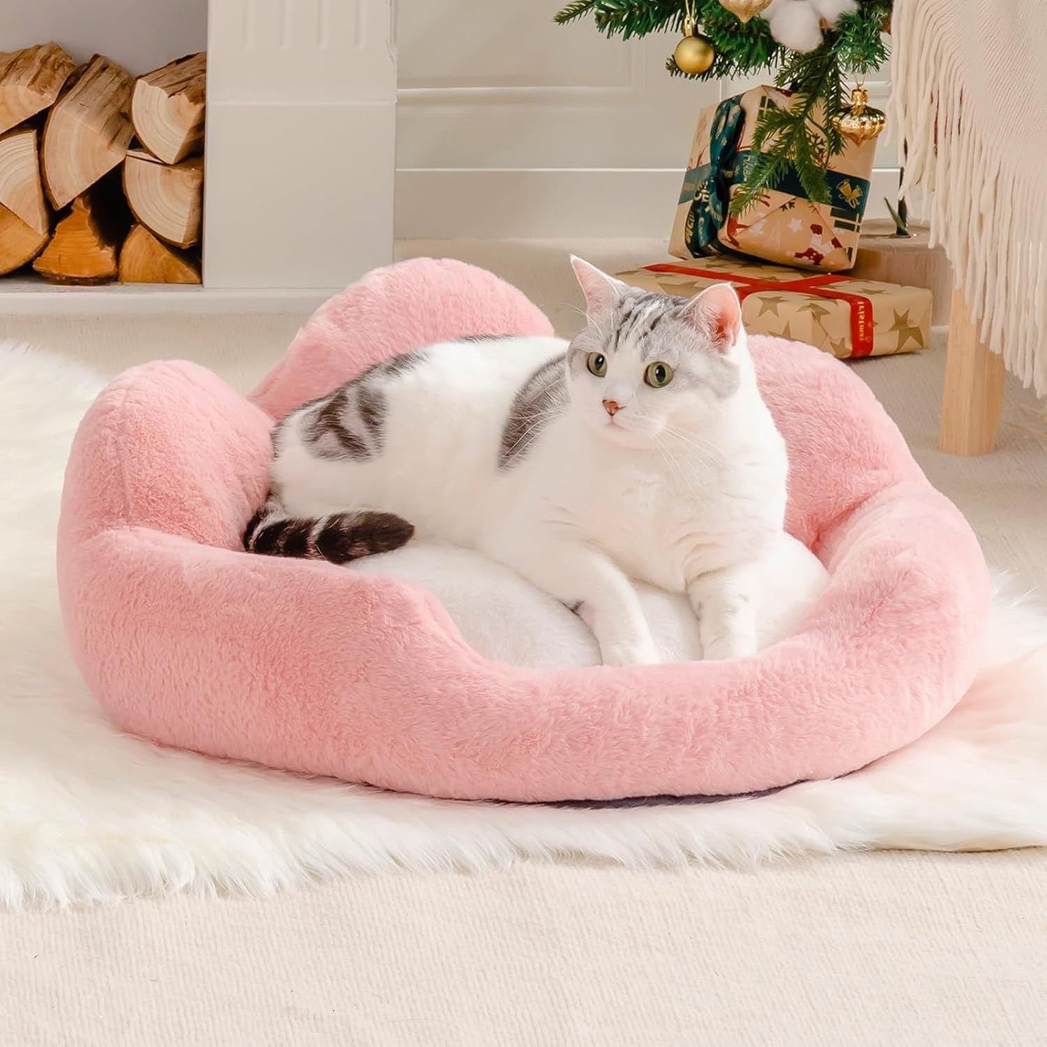 Mewoofun Fluffy Cat Couch Bed – 23" Round Washable Sofa with Non-Slip Bottom for Indoor Cats & Small Dogs
