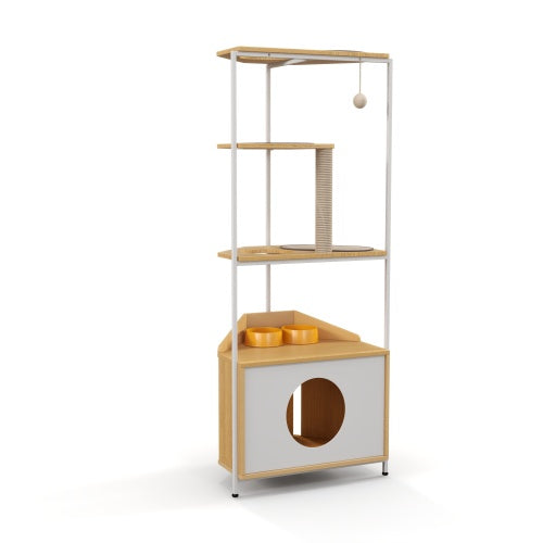 Cat Apartment with Feeding Station & Climbing Platform – Multi-Functional Indoor Pet Furniture with Condo, Scratch Posts & Elevated Bowls