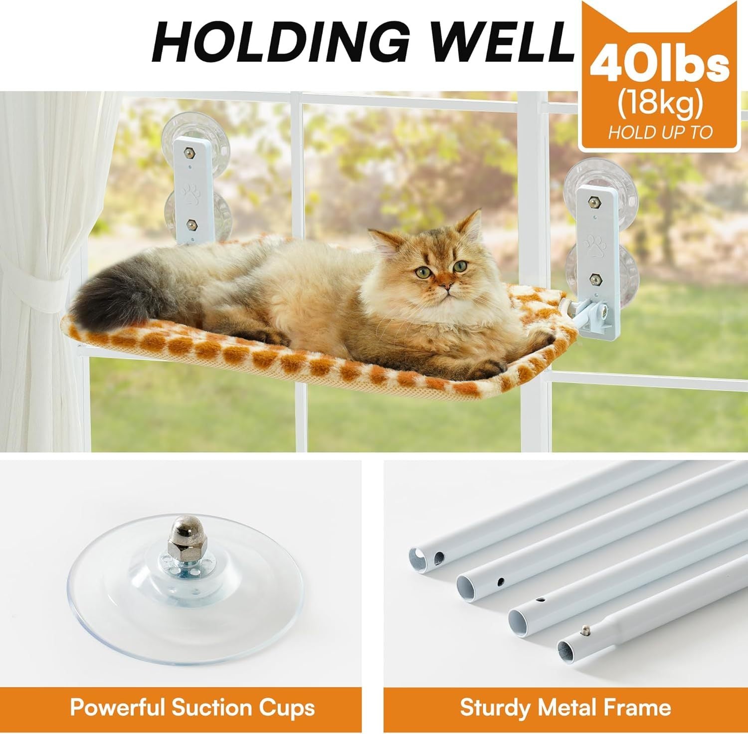 Mewoofun Medium Cat Window Hammock – Steel Frame with Powerful Suction Cups, Brown