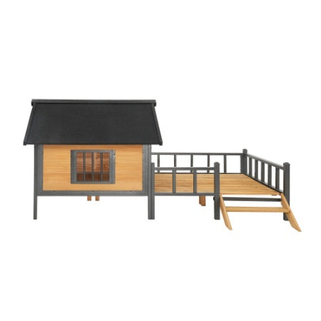 Outdoor Large Wooden Cabin-Style Dog Kennel with Porch – Spacious Walk-In Shelter (Grey)
