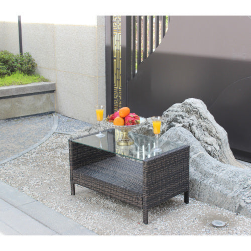 All-Weather Wicker Patio Coffee Table with Glass Top - Outdoor Rattan Center Table