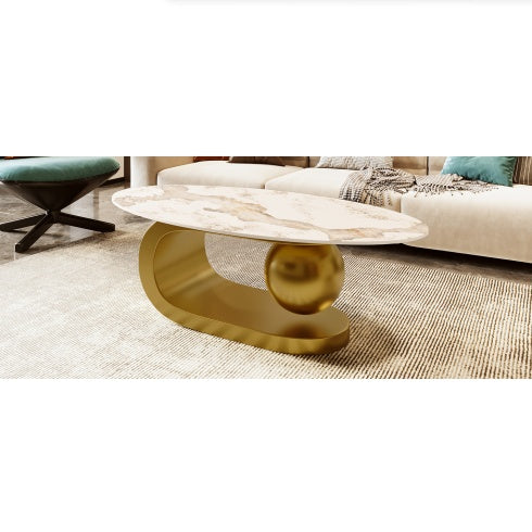 Modern Oval Sintered Stone Coffee Table - 47" Marble Pattern Top with Gold Stainless Steel Base | Luxury Living Room Furniture