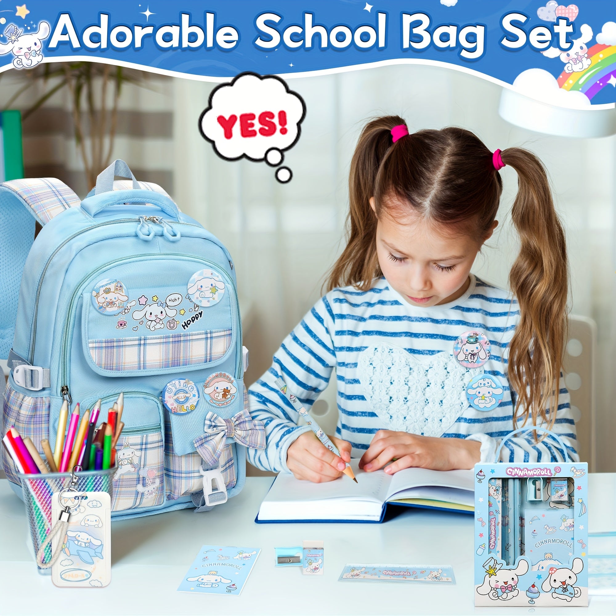Cinnamoroll Blue Backpack Set – Large Capacity School Bag + 6 Badge Pins + Stationery Set + Card Holder & Coin Purse