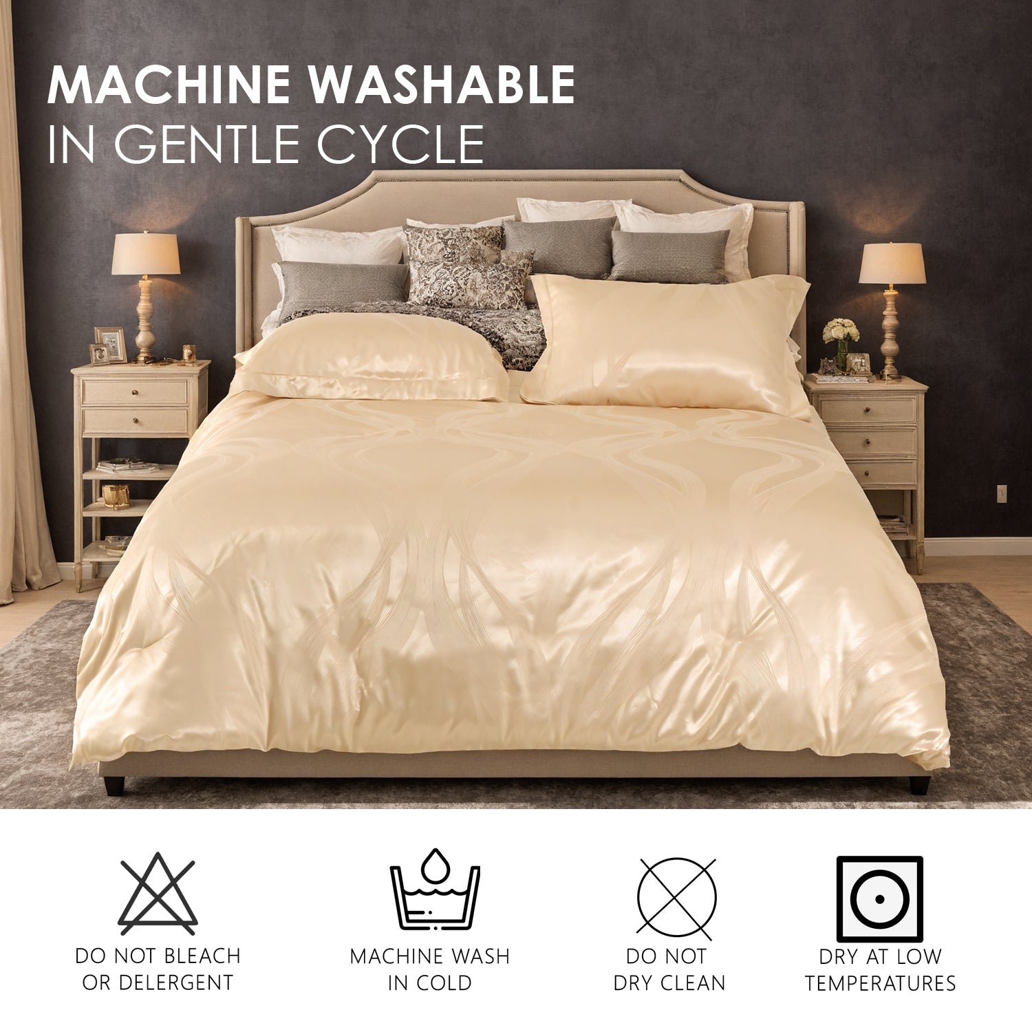 Luxurious Satin Microfiber Bedding Set – Double-Sided Jacquard Italian-Style Gold with Ultra-Shine, 3-Piece King-Size Quilt Cover & Pillowcase, Machine-Washable