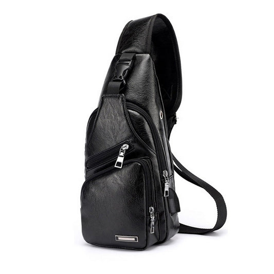 Men’s USB Charging Chest Bag – PU Leather Crossbody Travel Shoulder Messenger Bag