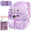 Sanrio Kuromi Large Capacity Purple Backpack Set – 50 Stickers, Pendant Accessories, 6 Badges, Pen Box & Stationery Set