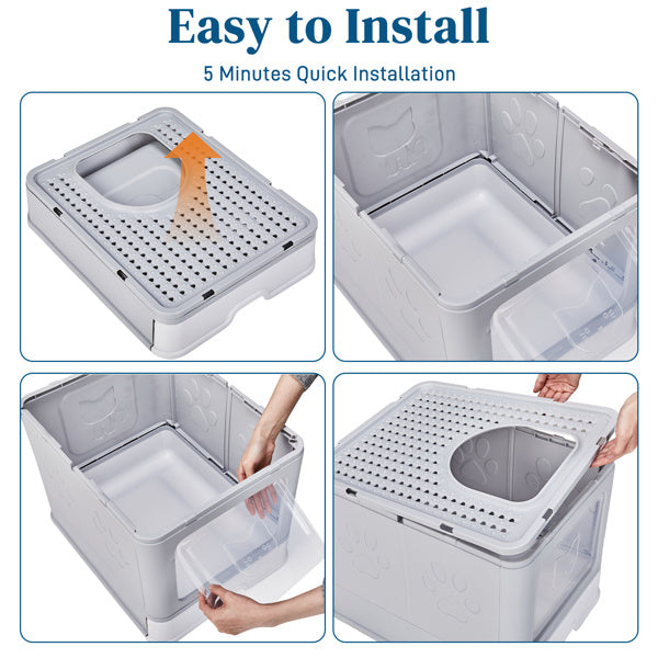 51 × 40 × 38 cm PP Plastic Litter Box – Spliced Bottom Pull-Out Square Grey with Scoop