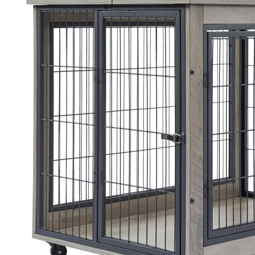 Furniture-Style Dog Cage – Grey Wooden Side Table with Wheels, Double Doors & Raised Top for Small & Medium Dogs