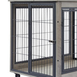 Furniture-Style Dog Cage – Grey Wooden Side Table with Wheels, Double Doors & Raised Top for Small & Medium Dogs