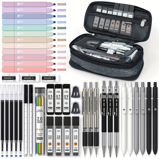 Ultimate 45-Piece School Stationery Kit – Gel Pens, Mechanical Pencils, Highlighters & Pen Case