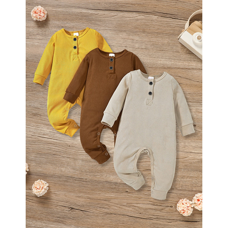 3-Pack Baby Rompers – Long Sleeve Ribbed Jumpsuit with Soft Cotton Fabric & Button-Front Design for Boys & Girls