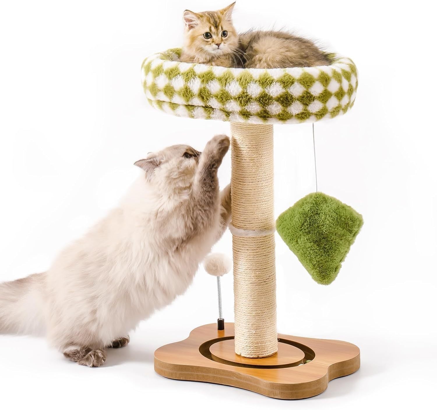 Mewoo Cat Scratching Post Bed – 2-in-1 Small Cat Tower with Sisal Scratcher & Ball Track Toys, Green