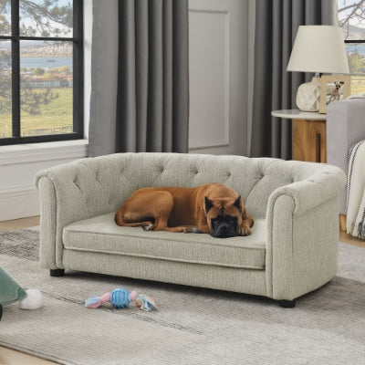 Contemporary Linen Pet Sofa – Rectangular Design with Arc-Shaped Backrest & Armrests