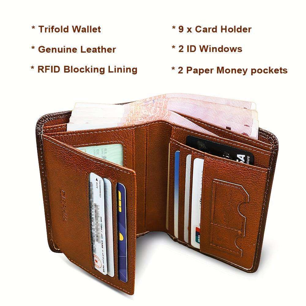 RFID Blocking Trifold Genuine Leather Wallets For Men, Top Layer Cowhide Vintage Short Multi Function Credit Card Holder, Money Clips With 2 ID Windows Valentine'S Day Gifts For Men - PulinGO