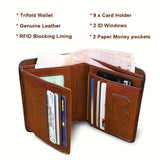 RFID Blocking Trifold Genuine Leather Wallets For Men, Top Layer Cowhide Vintage Short Multi Function Credit Card Holder, Money Clips With 2 ID Windows Valentine'S Day Gifts For Men - PulinGO
