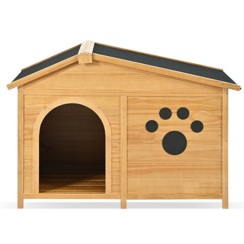 48" Wooden Dog House with Porch – Outdoor/Indoor Kennel with Water-Resistant Asphalt Roof, Fencing & Paw Print Design