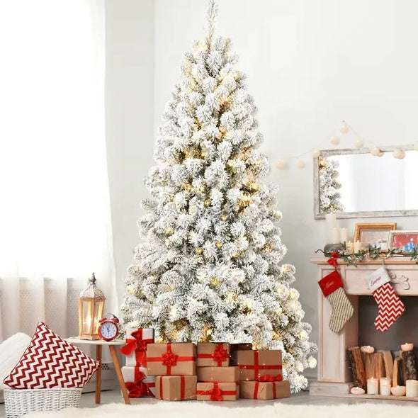 5 Ft Pre-Lit Flocked Artificial Christmas Tree – Fire-Resistant PVC, Hinged Design, Realistic Flocked Tips, Easy Assembly
